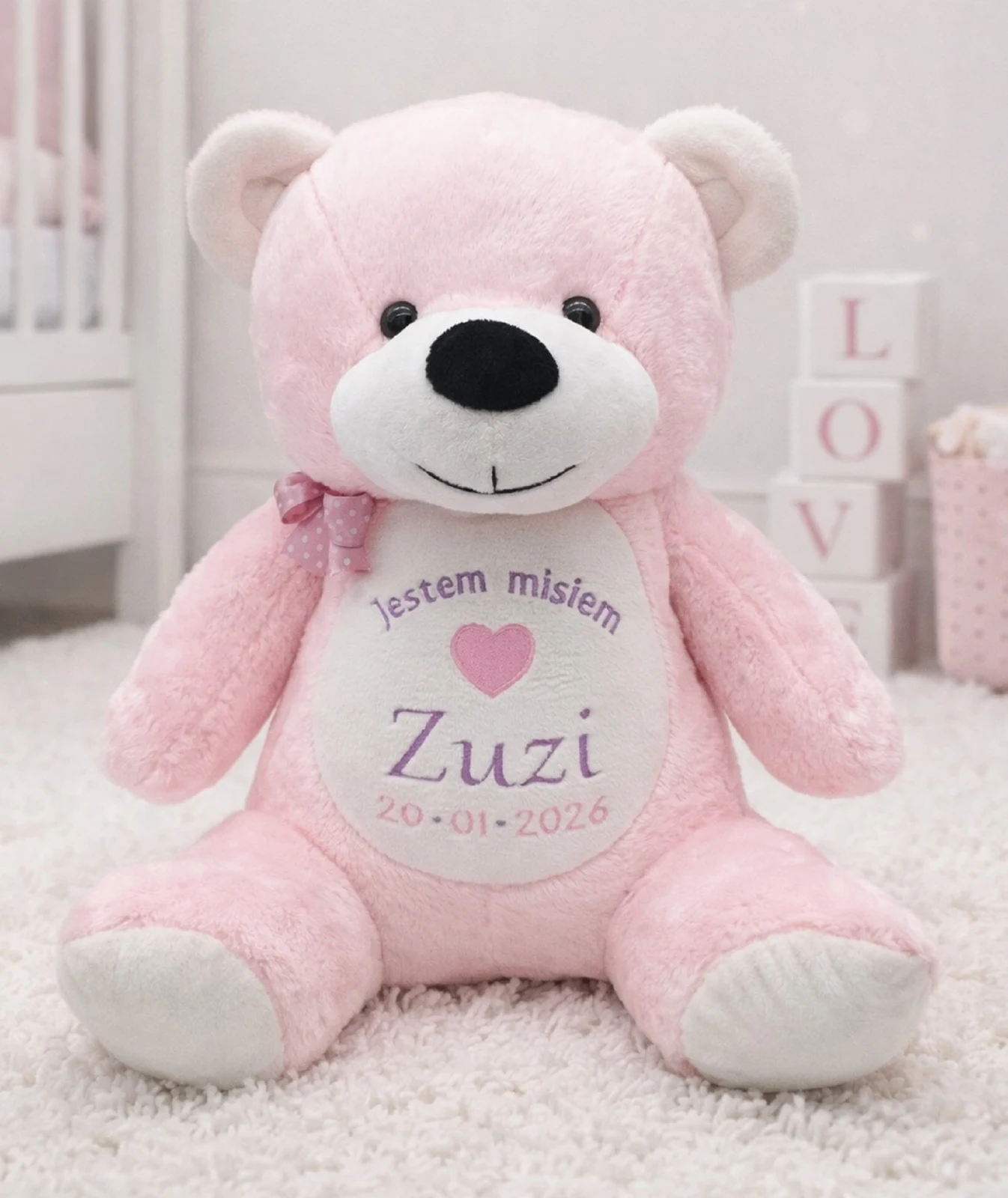 Różowy miś z imieniem Zuzi